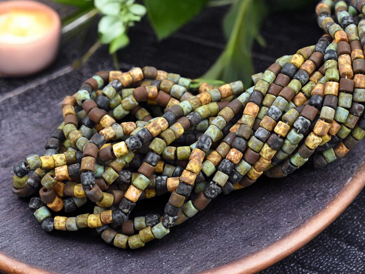 6/0 Aged Matte Aged Multi Color Picasso Bugle Beads (20" Strand)